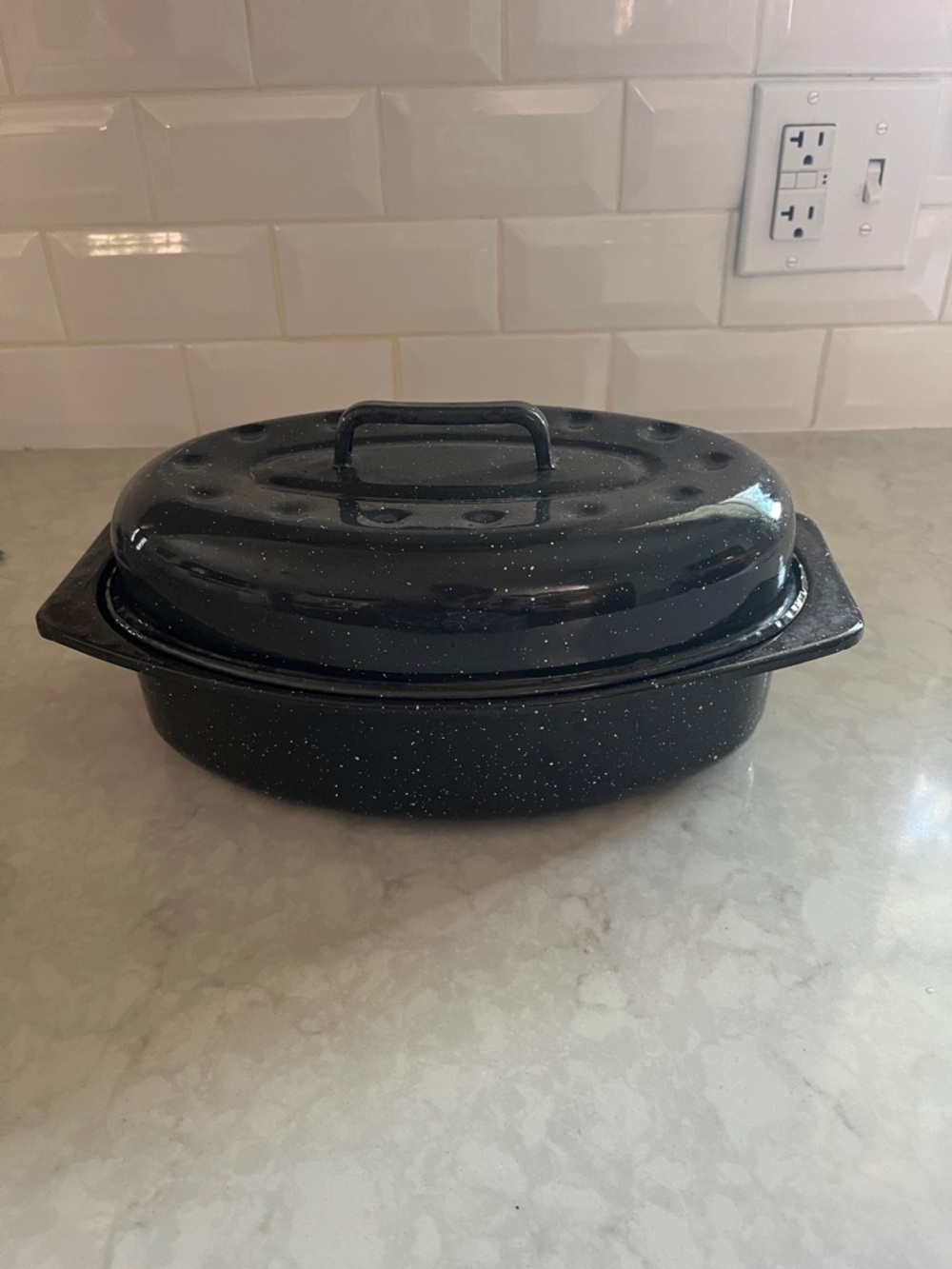 Small Vintage Black Enamel Speckled Turkey Breast Roaster Pan Thanksgiving
